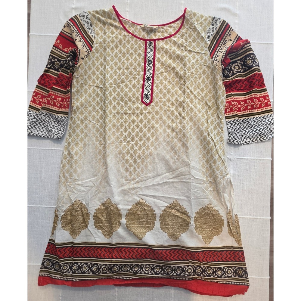 Global Desi Womens Cream Red Gold Printed Kurti Tunic Top Size L